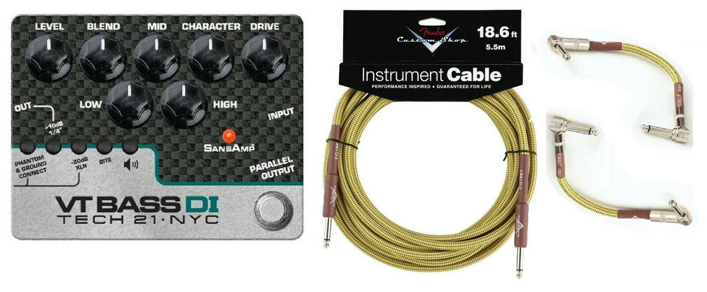 Tech 21 SansAmp VT Bass DI black bass pedal with included Fender tweed instrument and patch cables