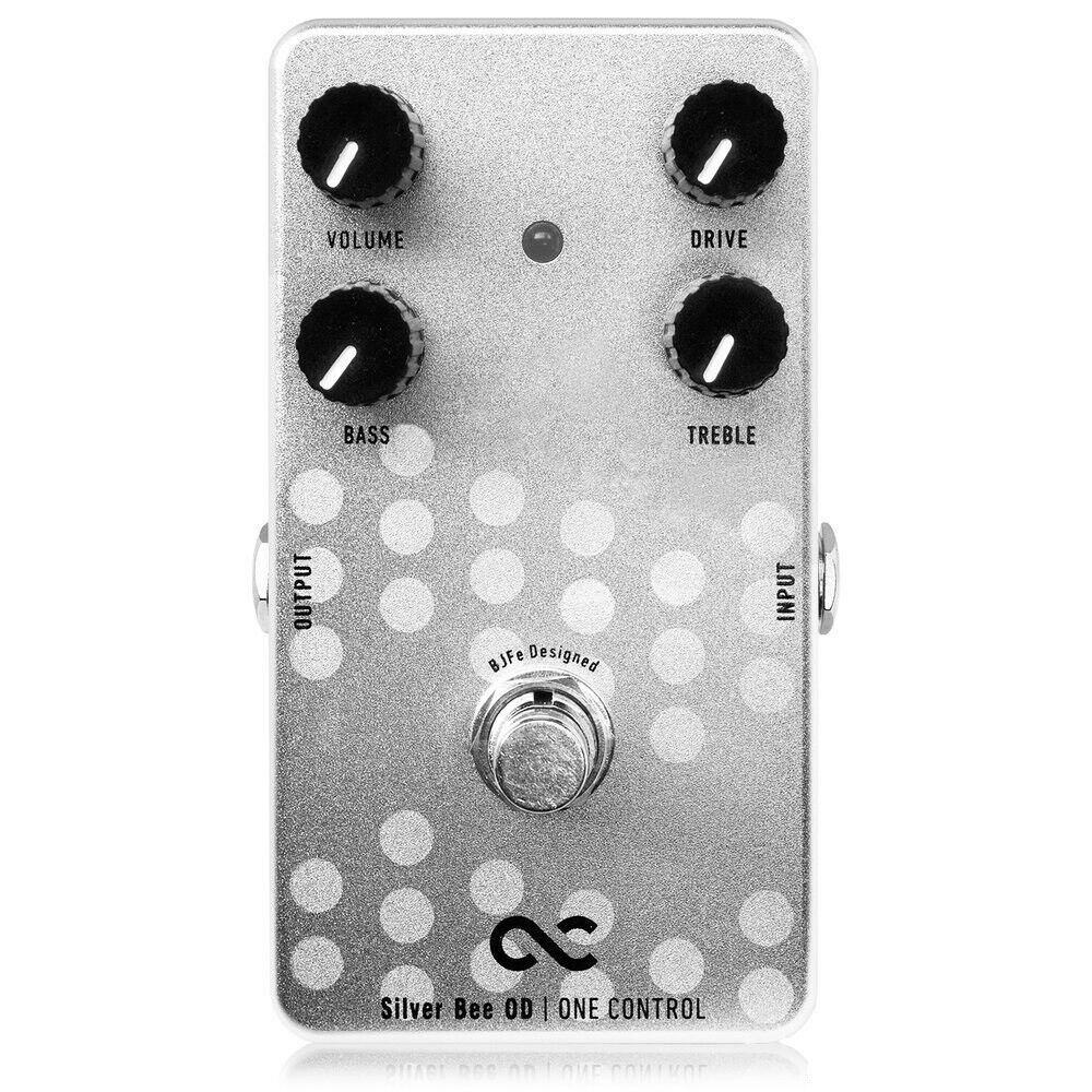 One Control Silver Bee Overdrive pedal — silver enclosure with Volume, Drive, Bass, Treble knobs