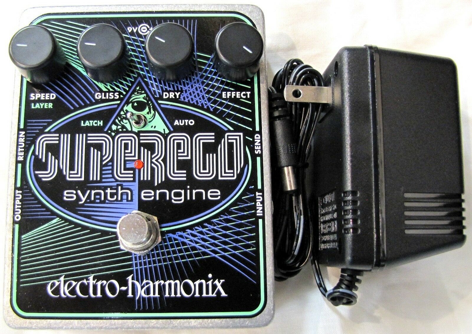 Electro-Harmonix Superego polyphonic synth engine pedal — black enclosure with included power supply