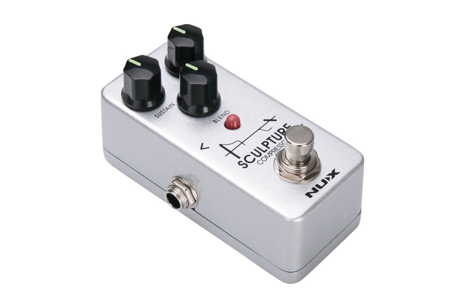 NUX Sculpture NCP-2 compressor pedal — angled view of silver enclosure