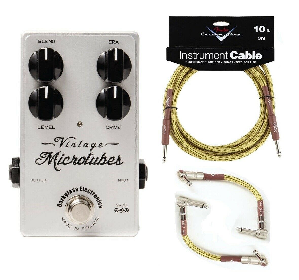 Darkglass Vintage Microtubes overdrive pedal — silver enclosure with included Fender tweed cables