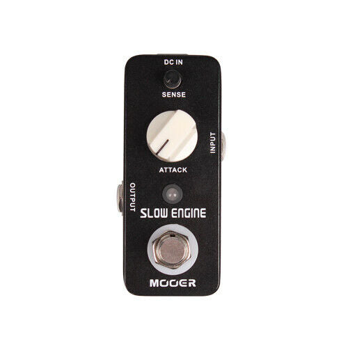 Mooer Slow Engine volume swell pedal — black enclosure, front view with Attack and Sense knobs