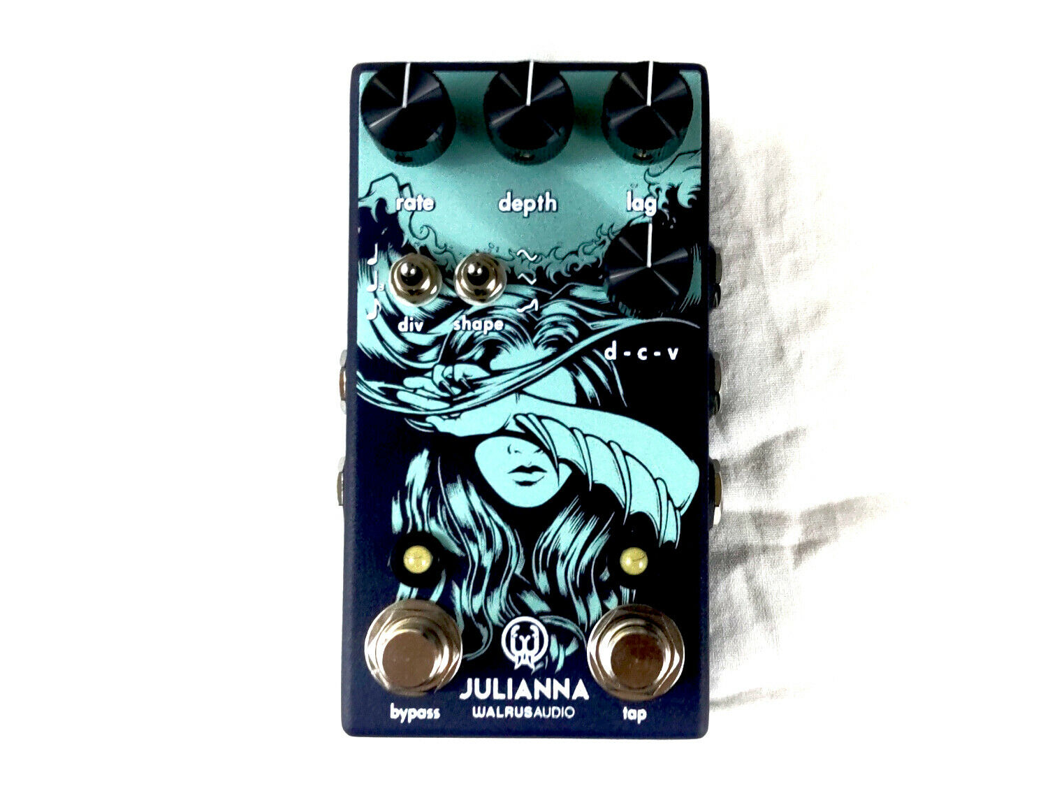 Walrus Audio Julianna Deluxe Chorus Vibrato guitar pedal — top view, dark blue enclosure with teal artwork