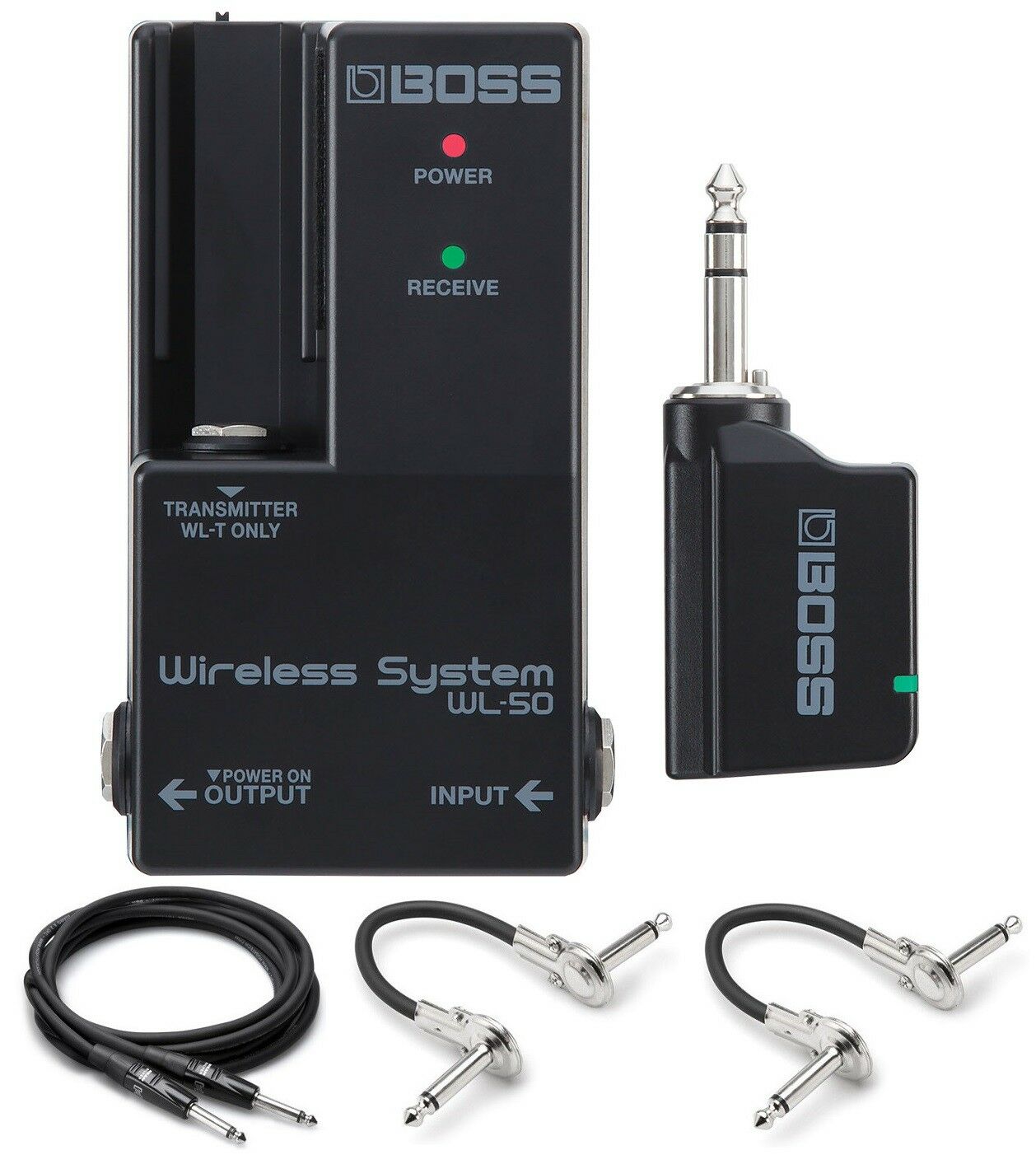 Boss WL-50 wireless system — black receiver and transmitter with bundled cables