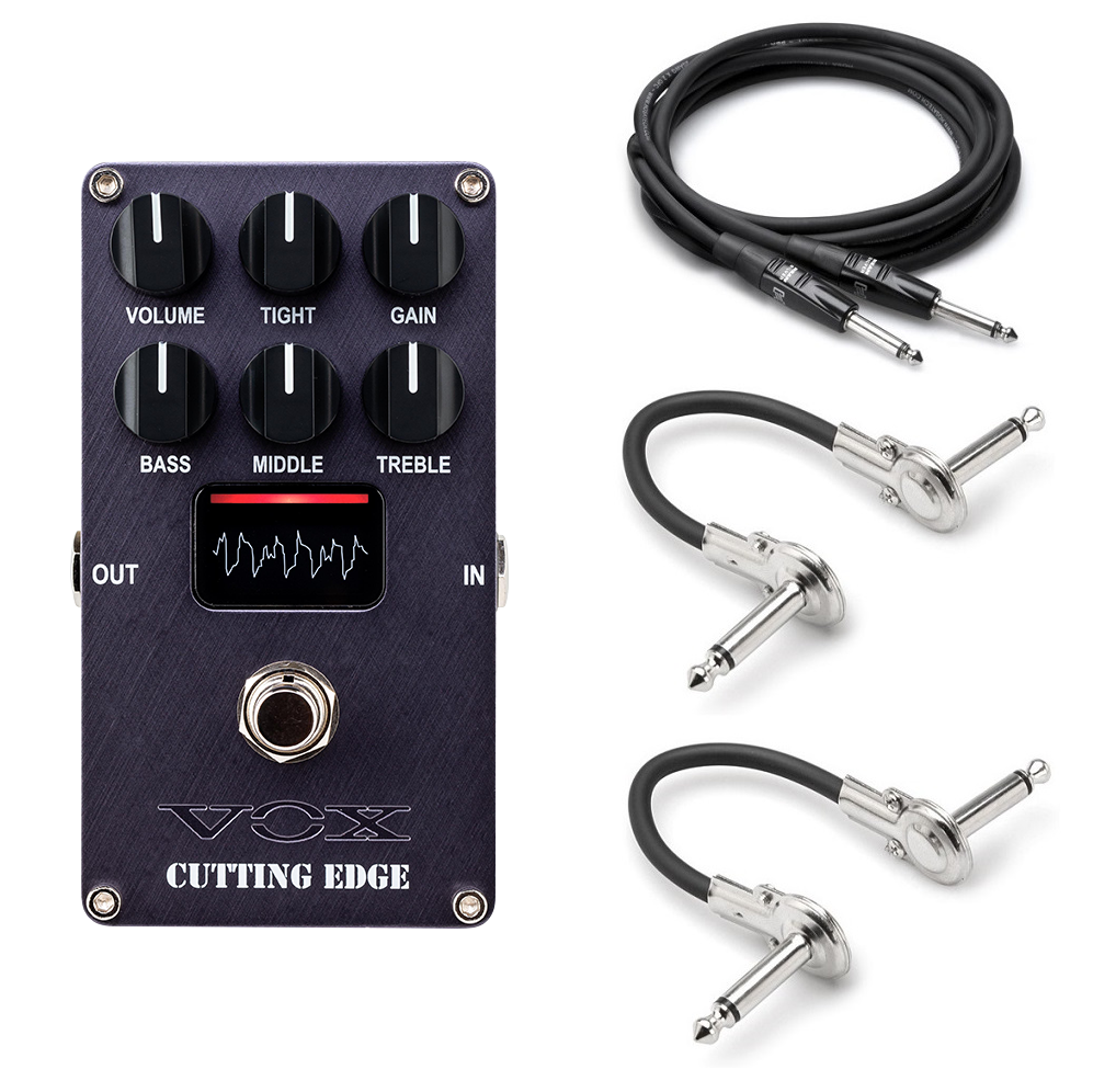 Vox Valvenergy Cutting Edge distortion pedal — dark blue enclosure with OLED display and bundled cables