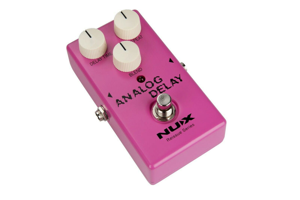 NUX Analog Delay pedal — angled pink stompbox view
