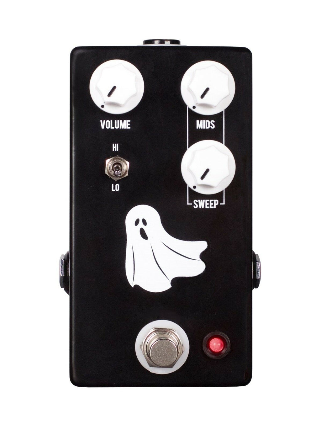 JHS Haunting Mids EQ and mid boost guitar pedal, black with white knobs and ghost graphic