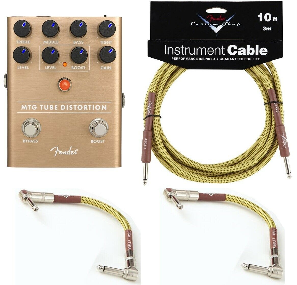 Fender MTG Tube Distortion pedal — copper top, with included tweed cables