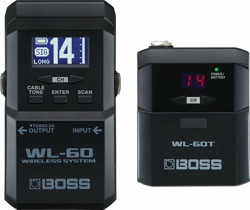 Boss WL-60 guitar wireless system — black pedalboard receiver and WL-60T bodypack transmitter