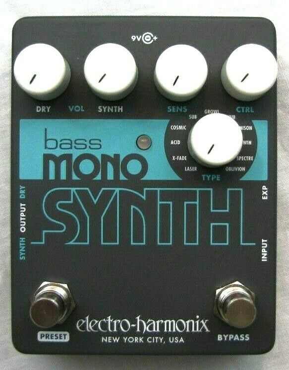 Used Electro-Harmonix Bass Mono Synth pedal, black, top view