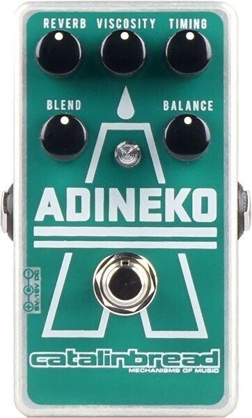 Catalinbread Adineko Oil Can Delay green guitar effects pedal, front view with five control knobs