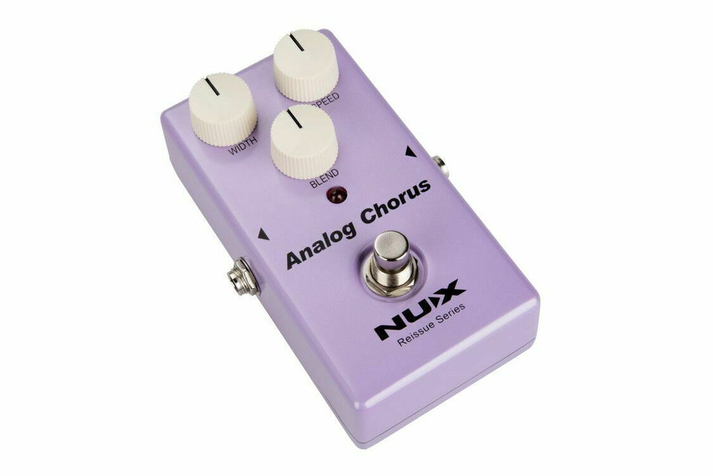 NUX Analog Chorus pedal — angled view of purple chorus stompbox