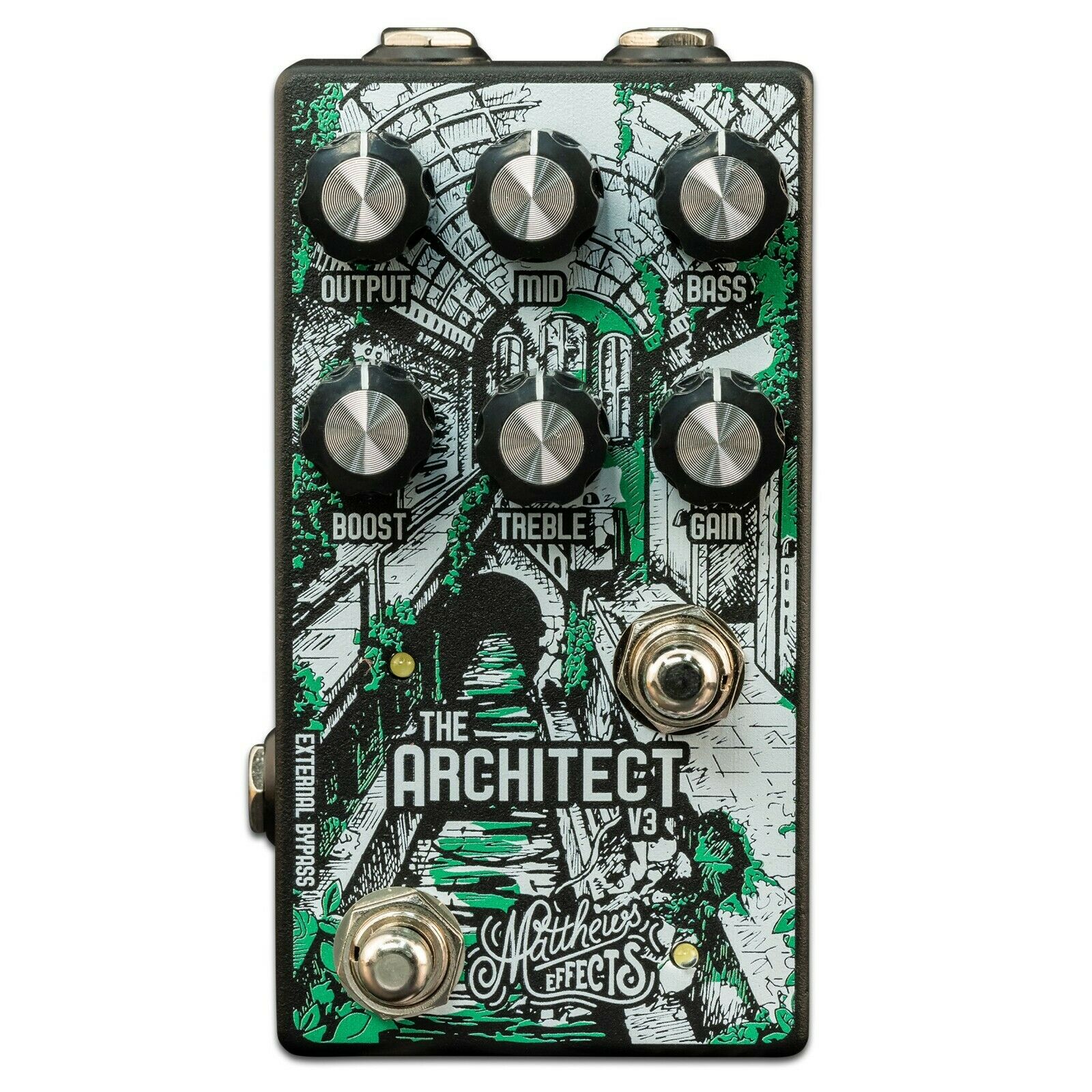 Matthews Effects Architect V3 overdrive pedal — black enclosure with green archway graphic, six knobs
