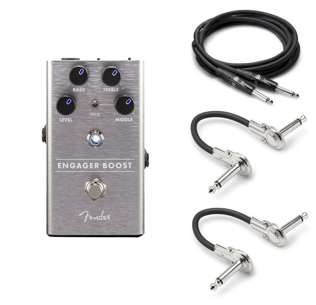Fender Engager Boost pedal — silver enclosure with included cables