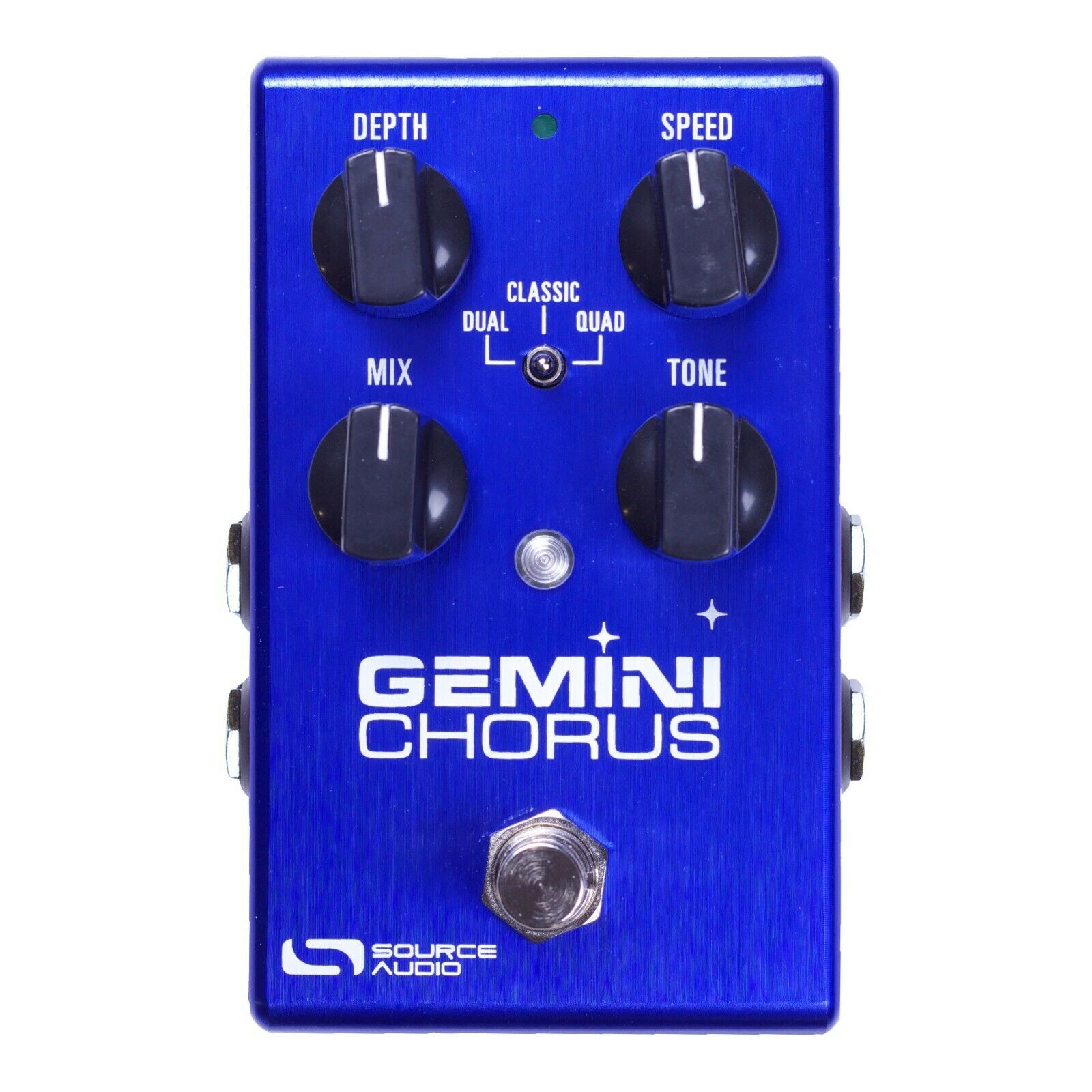 Source Audio SA242 Gemini Chorus pedal - blue enclosure, front view with Depth, Speed, Mix and Tone knobs