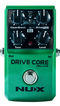 NUX Drive Core Deluxe overdrive pedal — green enclosure with Clean Boost, Tone, Level knobs