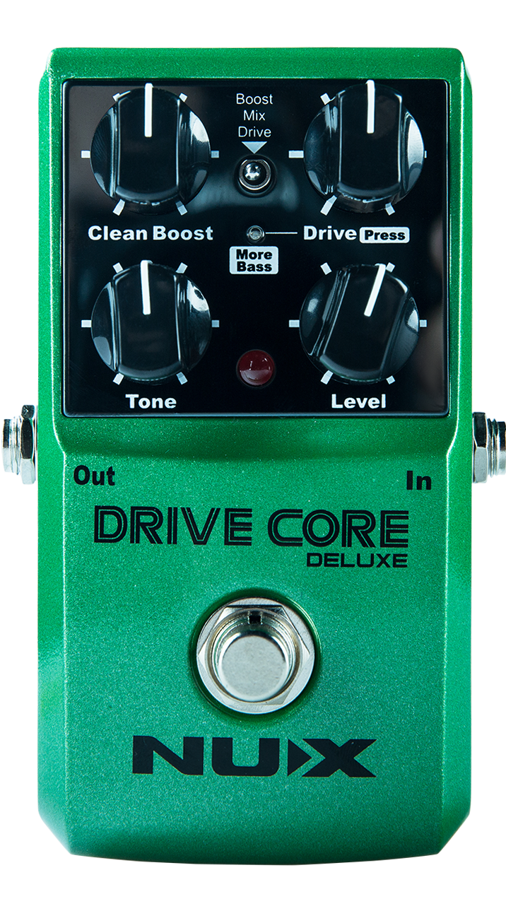 NUX Drive Core Deluxe overdrive pedal — green enclosure with Clean Boost, Tone, Level knobs