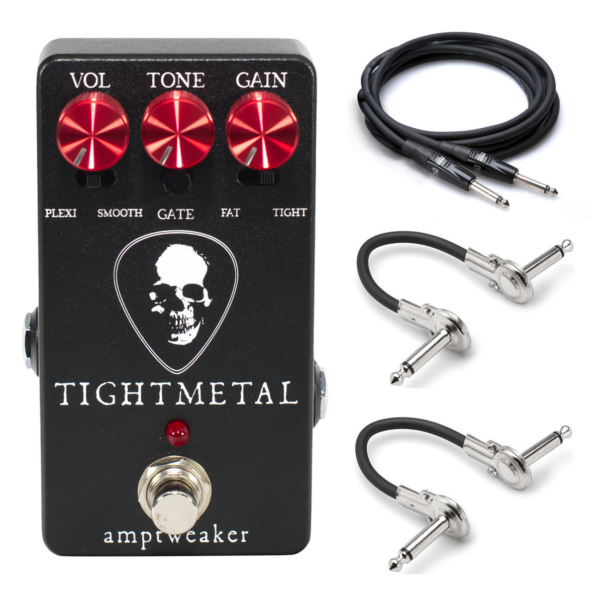 Amptweaker Tight Metal distortion guitar effects pedal — black enclosure, with Hosa patch cables and guitar cable