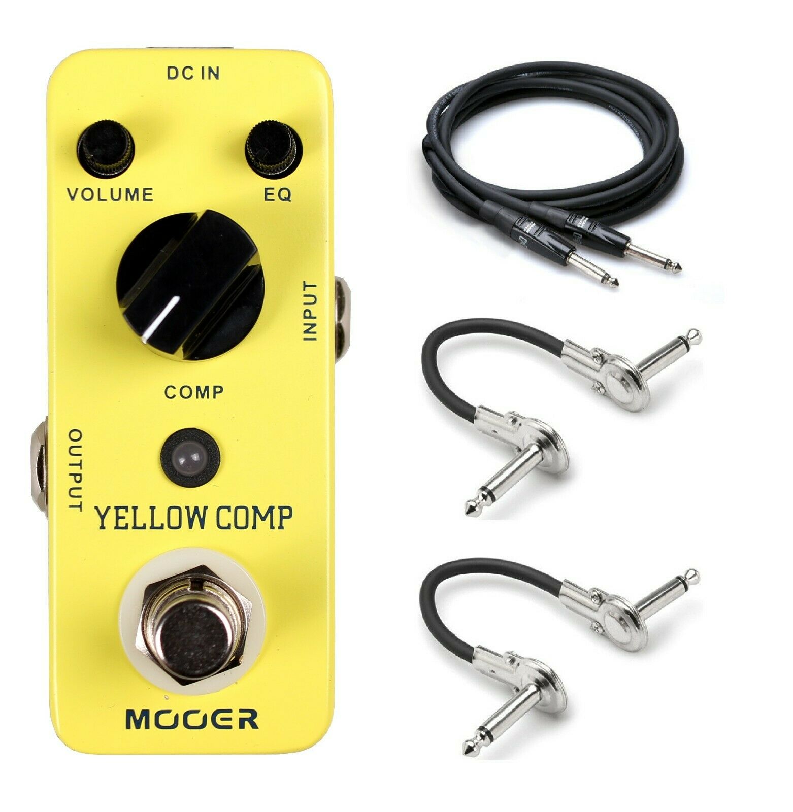 Mooer Yellow Comp optical compressor pedal — yellow enclosure with included cables