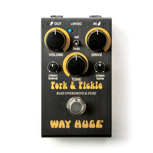 Way Huge WM91 Pork & Pickle bass overdrive fuzz pedal — black enclosure with gold graphics
