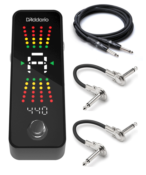 D'Addario Pedal Tuner Plus CT-23 — black chromatic tuner pedal with cables