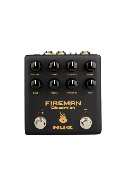NUX Fireman NDS-5 distortion pedal — black enclosure front with dual Volume Gain and EQ knobs