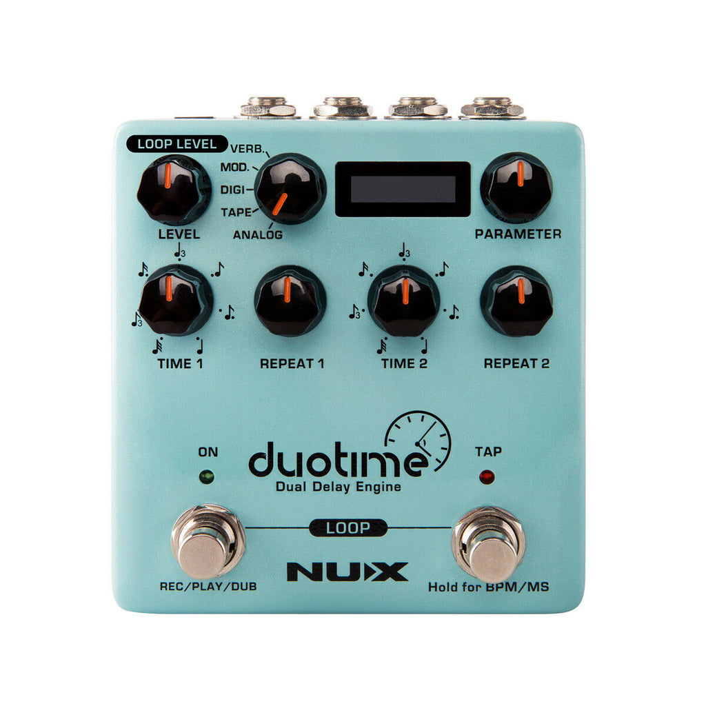 NUX Duotime NDD-6 delay pedal — light blue enclosure front with dual Time Repeat knobs and OLED