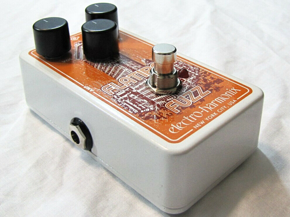 Electro-Harmonix Flatiron Fuzz guitar pedal — rear view with battery compartment