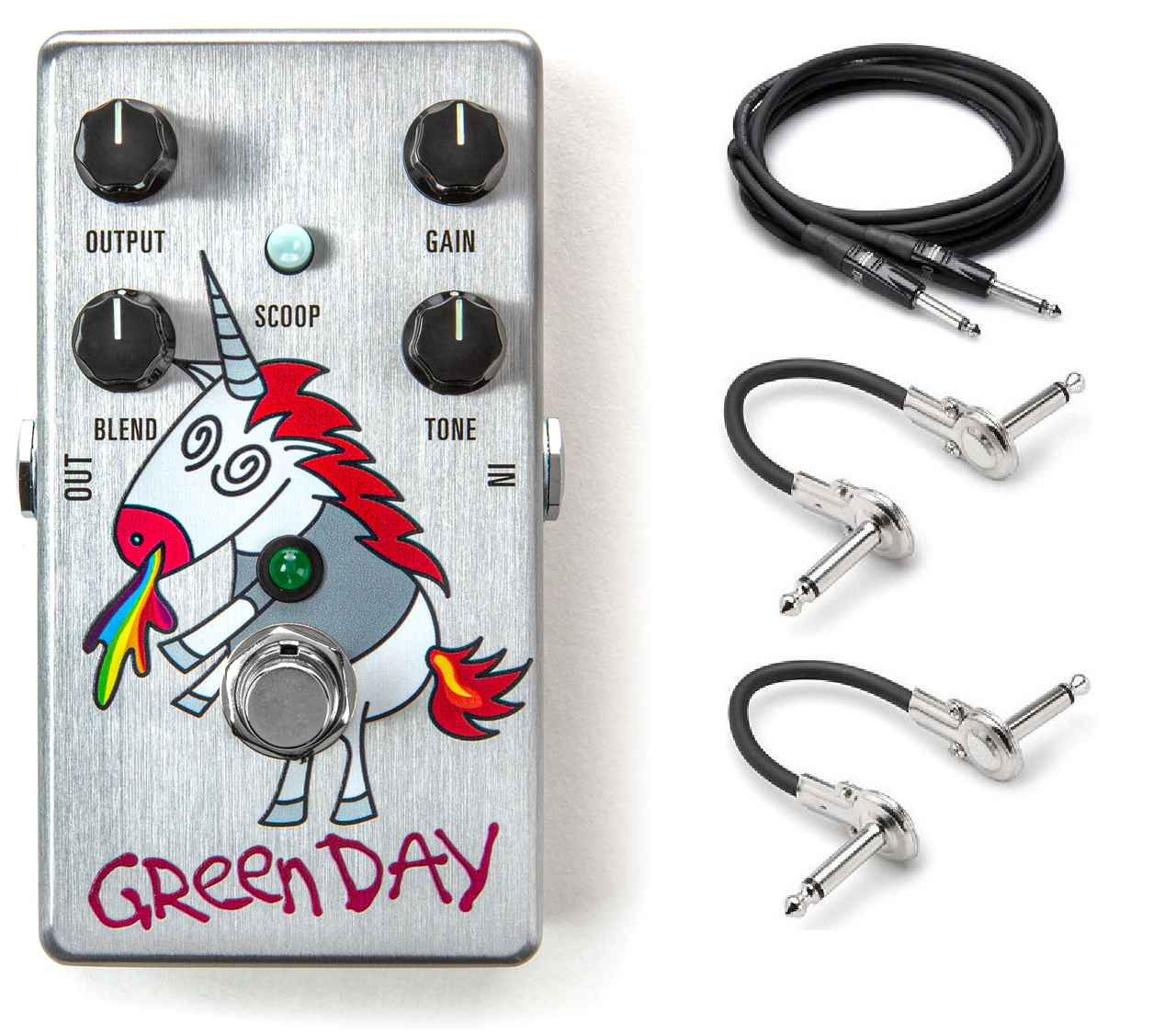 MXR DD25V3 Dookie Drive V3 silver overdrive pedal with unicorn art and included Hosa cables