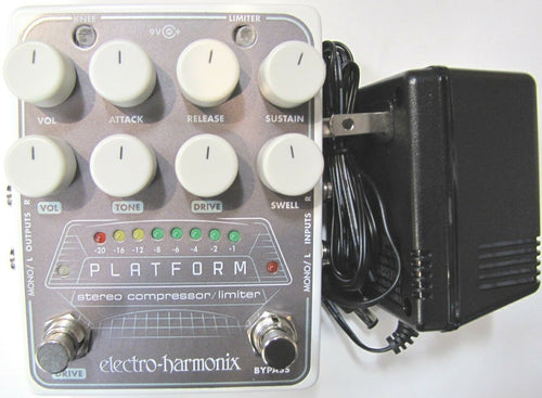 Electro-Harmonix Platform stereo compressor limiter pedal — silver enclosure with power supply