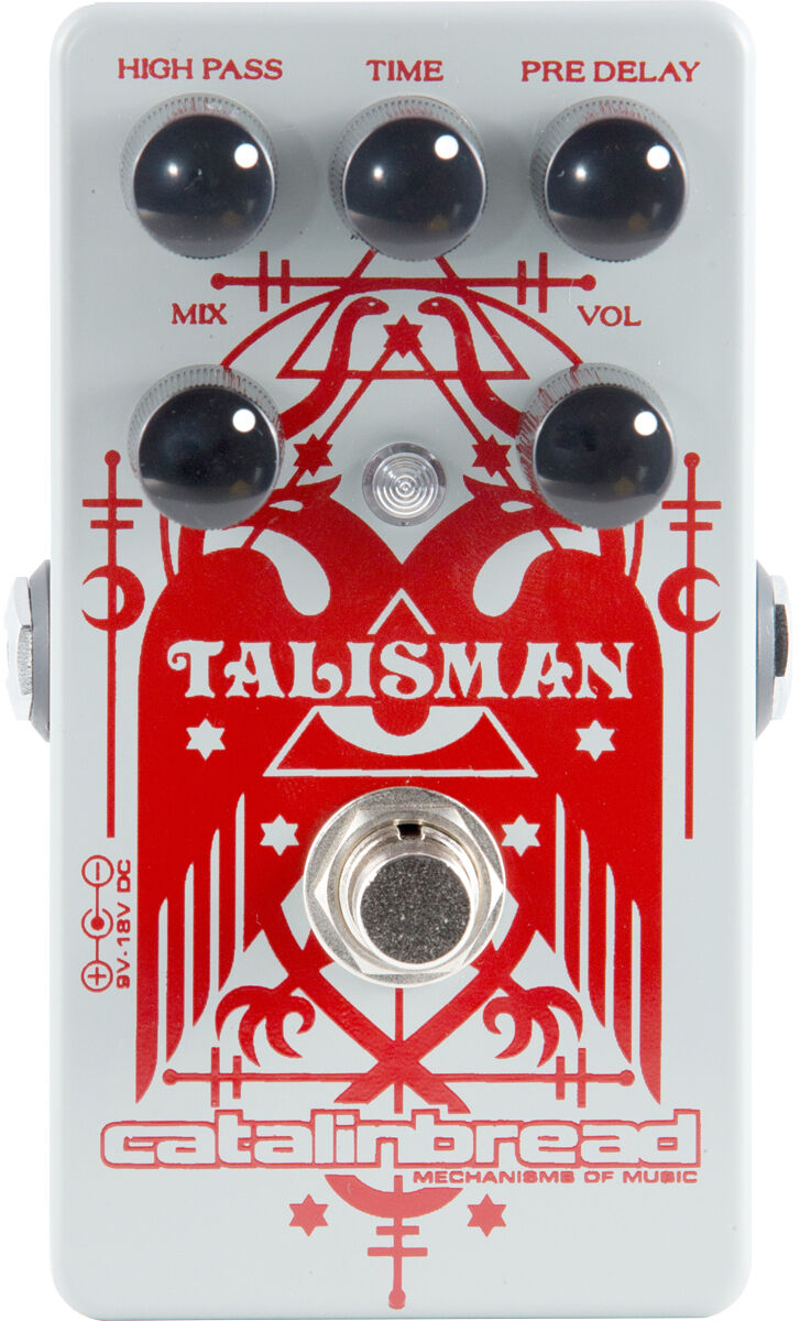 Catalinbread Talisman Plate Reverb pedal — silver enclosure with red artwork, top view