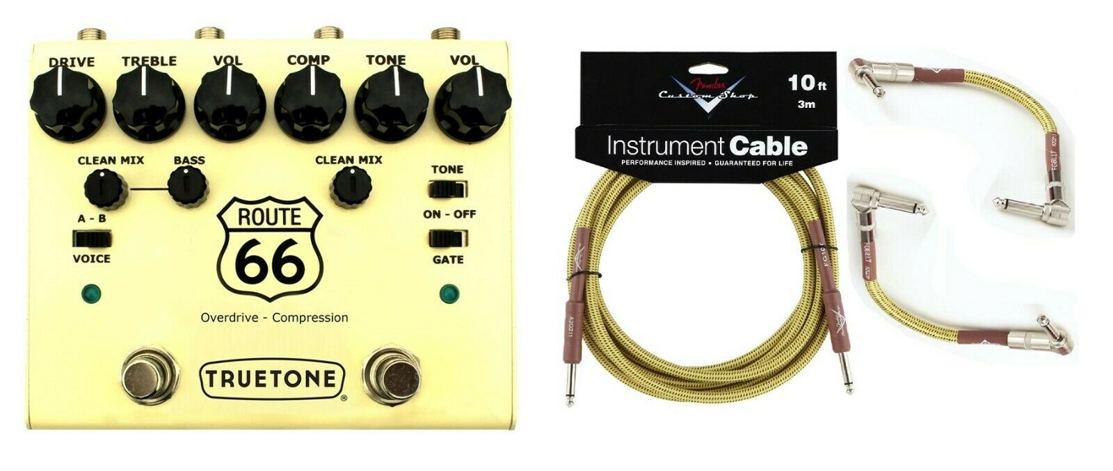 Truetone V3 Route 66 cream overdrive compression pedal with free Fender Tweed cables
