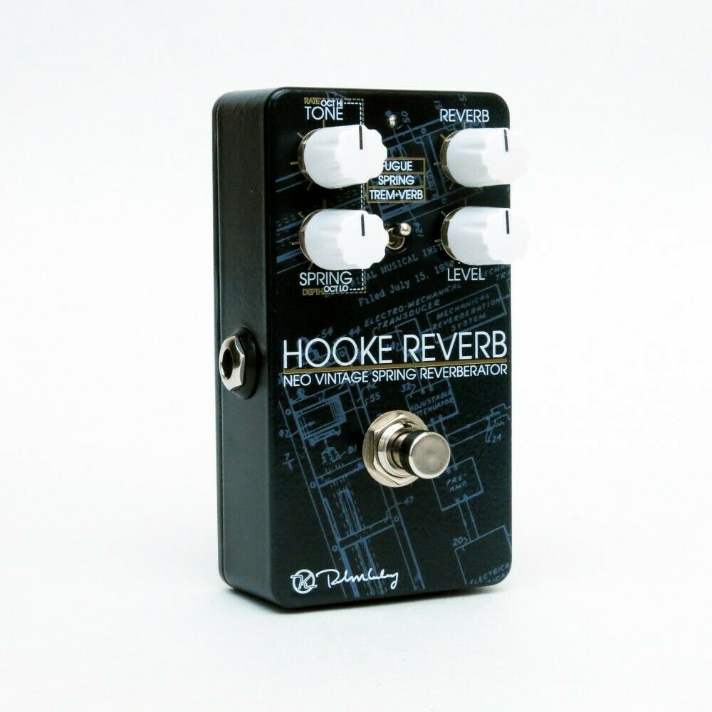 Keeley Hooke Spring Reverb pedal — black enclosure with blueprint graphics, angled view