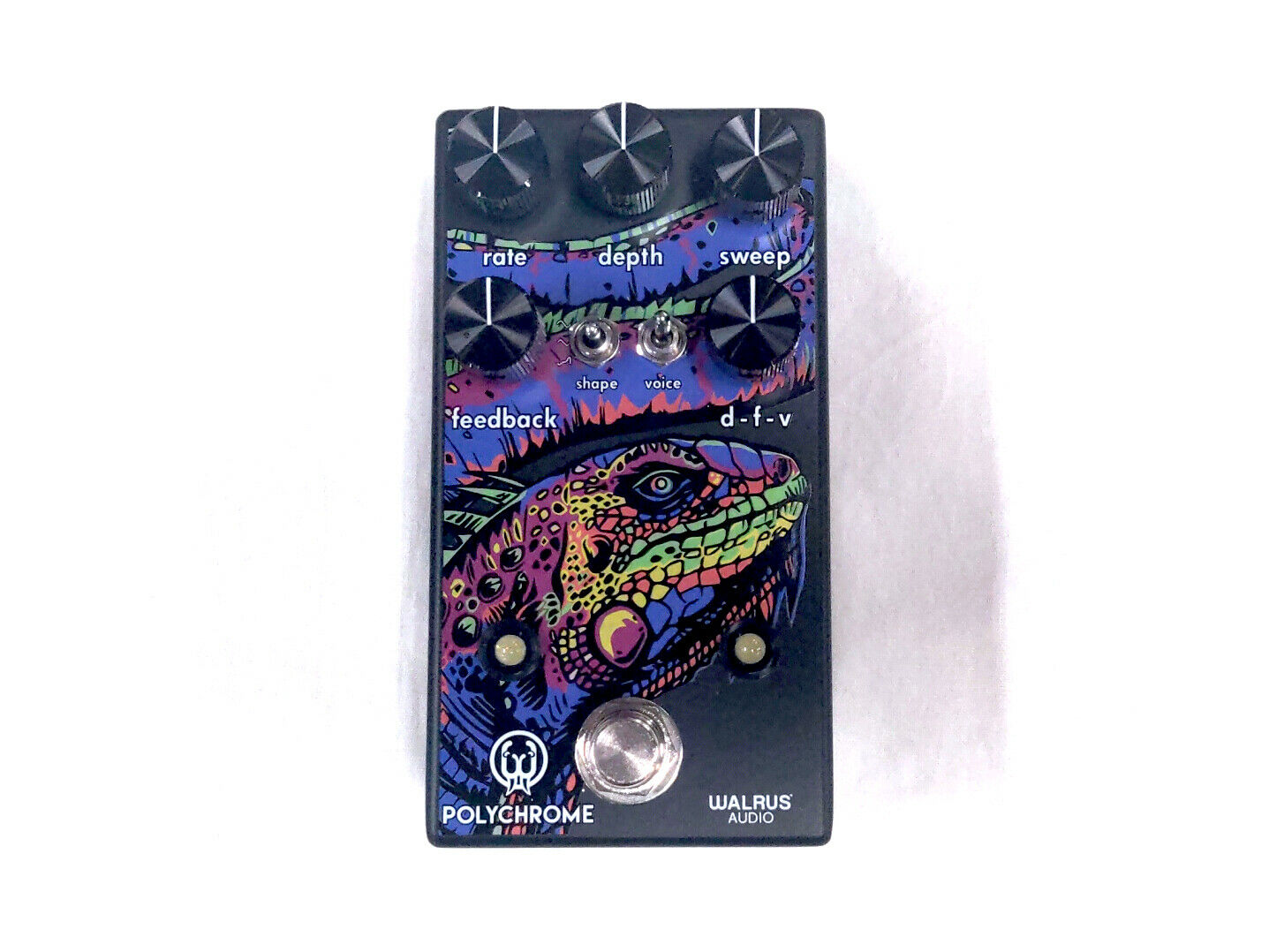 Walrus Audio Polychrome analog flanger pedal — black enclosure with iguana art