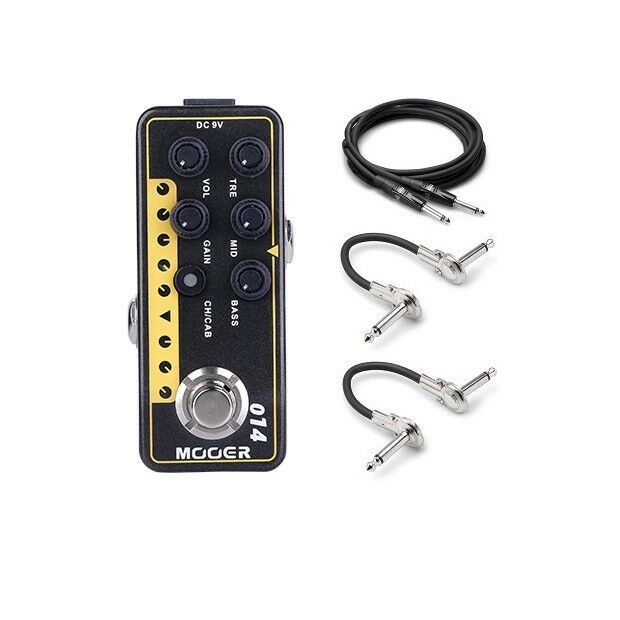 New Mooer Taxidea Taxus 014 micro preamp pedal, black and yellow, with patch cables