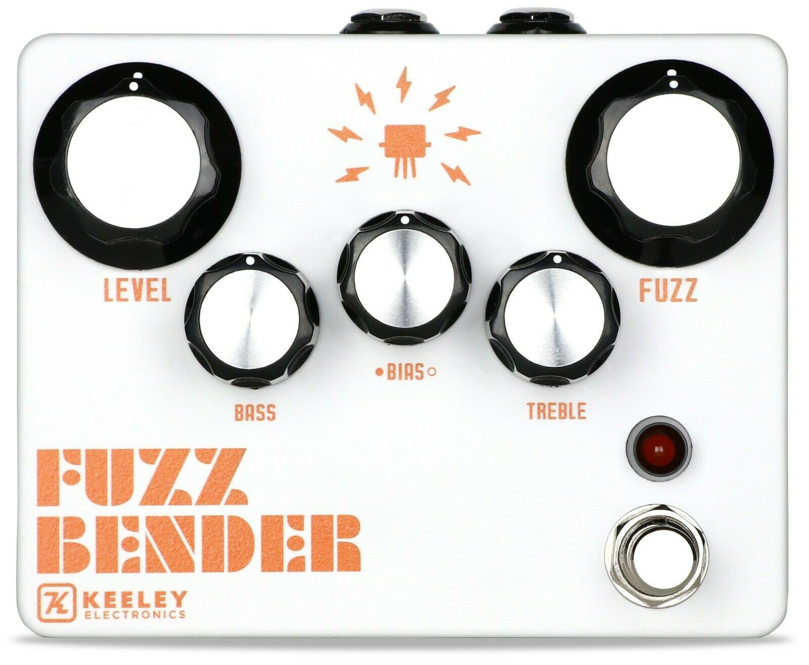 Keeley Fuzz Bender white hybrid fuzz guitar pedal with orange graphics, top view