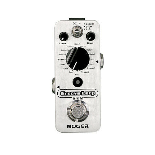 Mooer Groove Loop looper pedal — silver enclosure with drum and loop controls