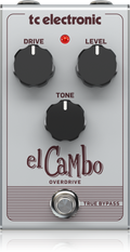 TC Electronic El Cambo Overdrive pedal - silver enclosure, front view with Drive, Level and Tone knobs