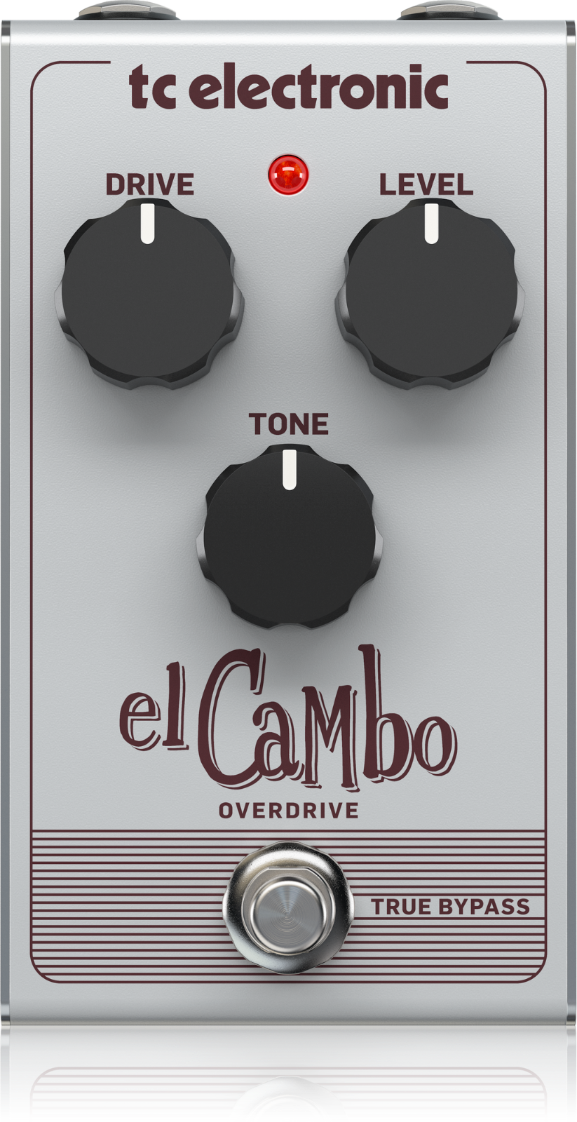 TC Electronic El Cambo Overdrive pedal - silver enclosure, front view with Drive, Level and Tone knobs