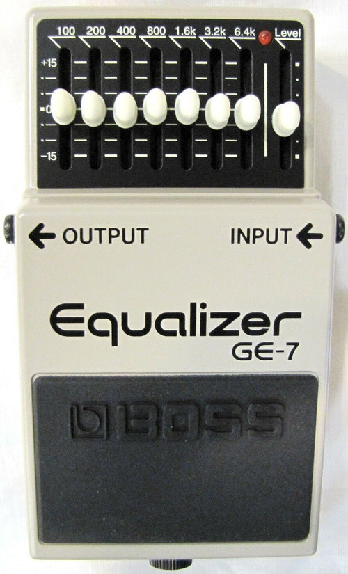 Boss GE-7 Equalizer pedal - gray enclosure, top view of 7-band sliders