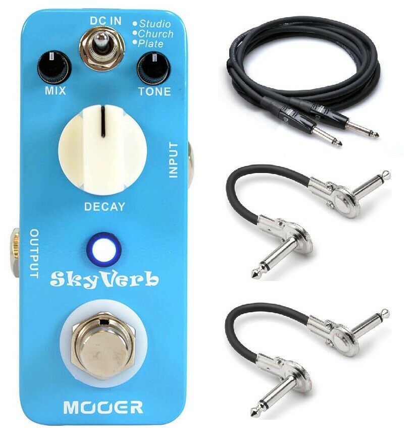 Mooer Skyverb reverb pedal — blue enclosure with included cables