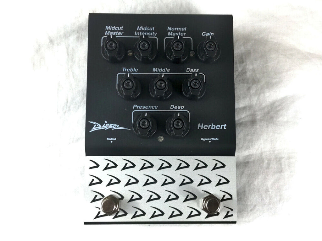 Diezel Herbert Distortion Preamp pedal — top view, black and silver two-tone enclosure with Midcut and Bypass footswitches