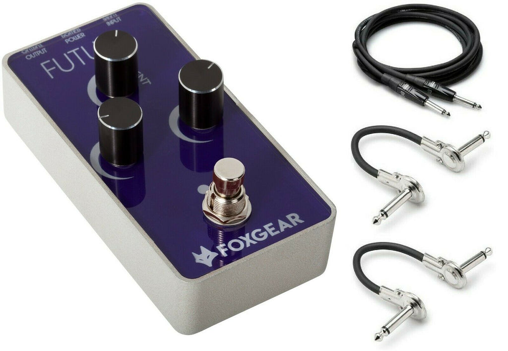 Foxgear Futura delay reverb pedal — purple front with bundled instrument and patch cables