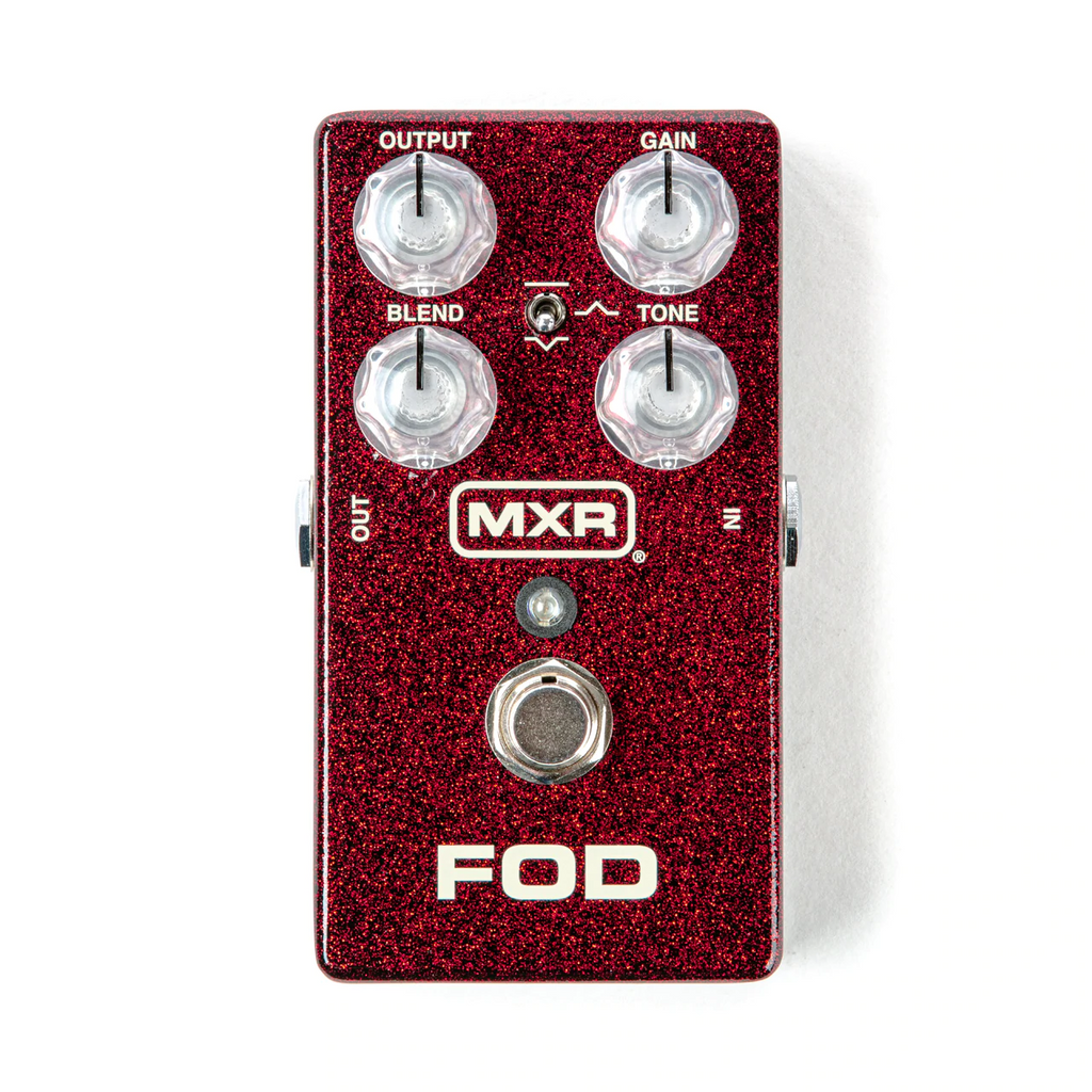 MXR M251 FOD Drive overdrive pedal — red glitter enclosure side angle