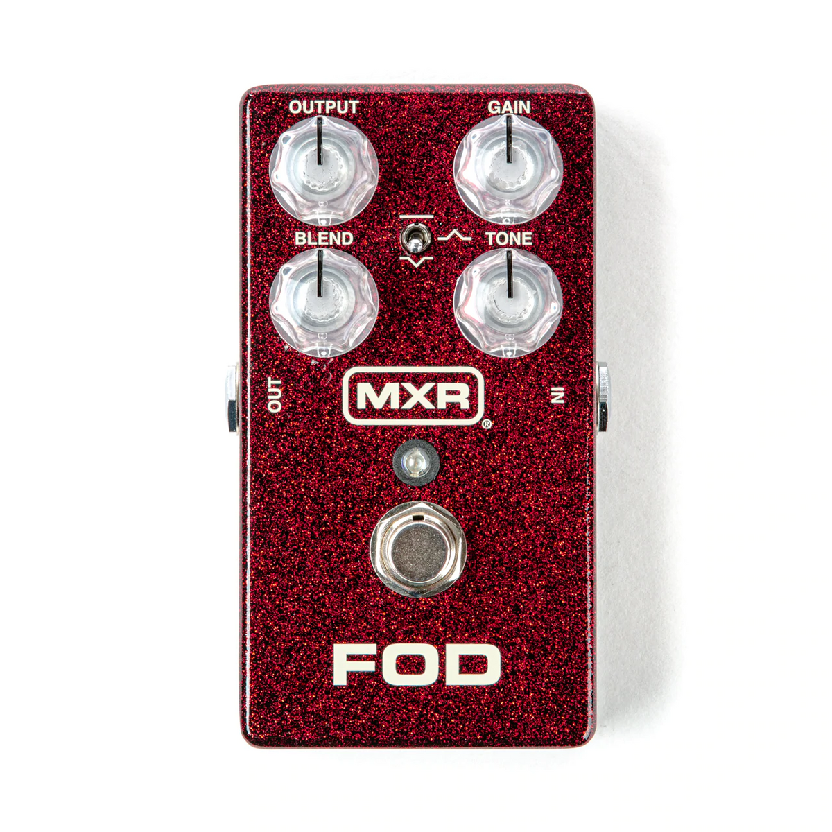 MXR M251 FOD Drive overdrive pedal — red glitter enclosure side angle