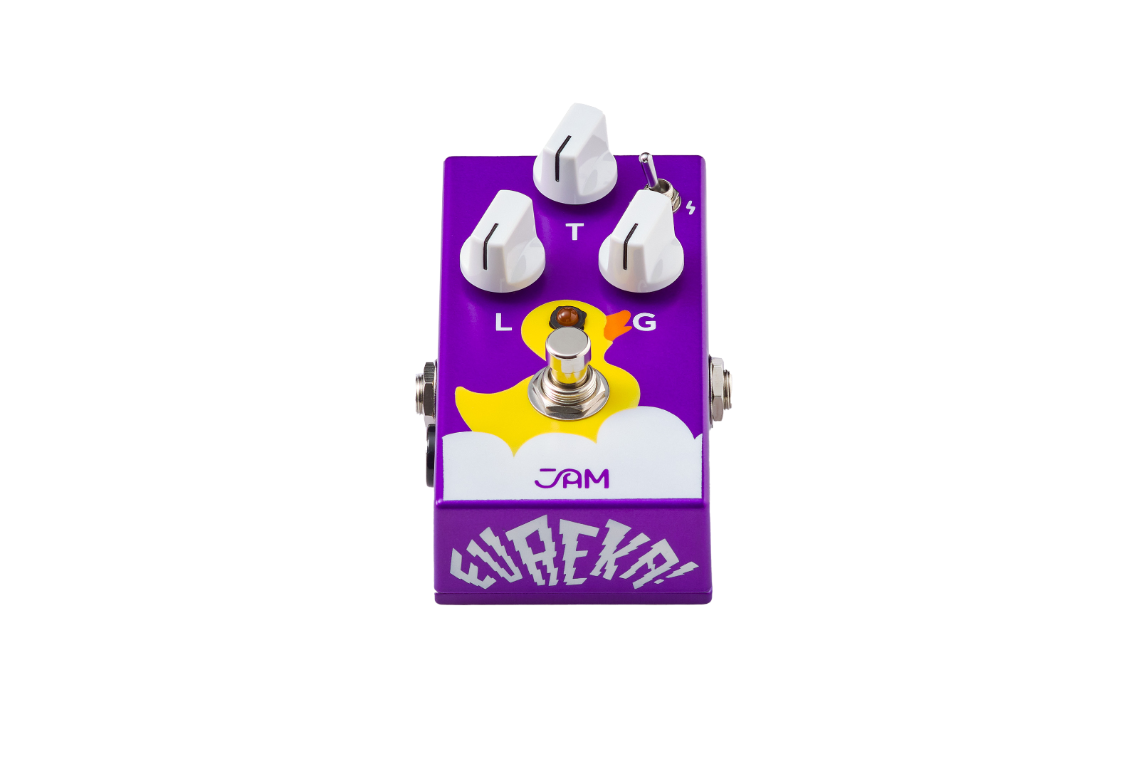 JAM Pedals Eureka! fuzz pedal — front view with included instrument and patch cables