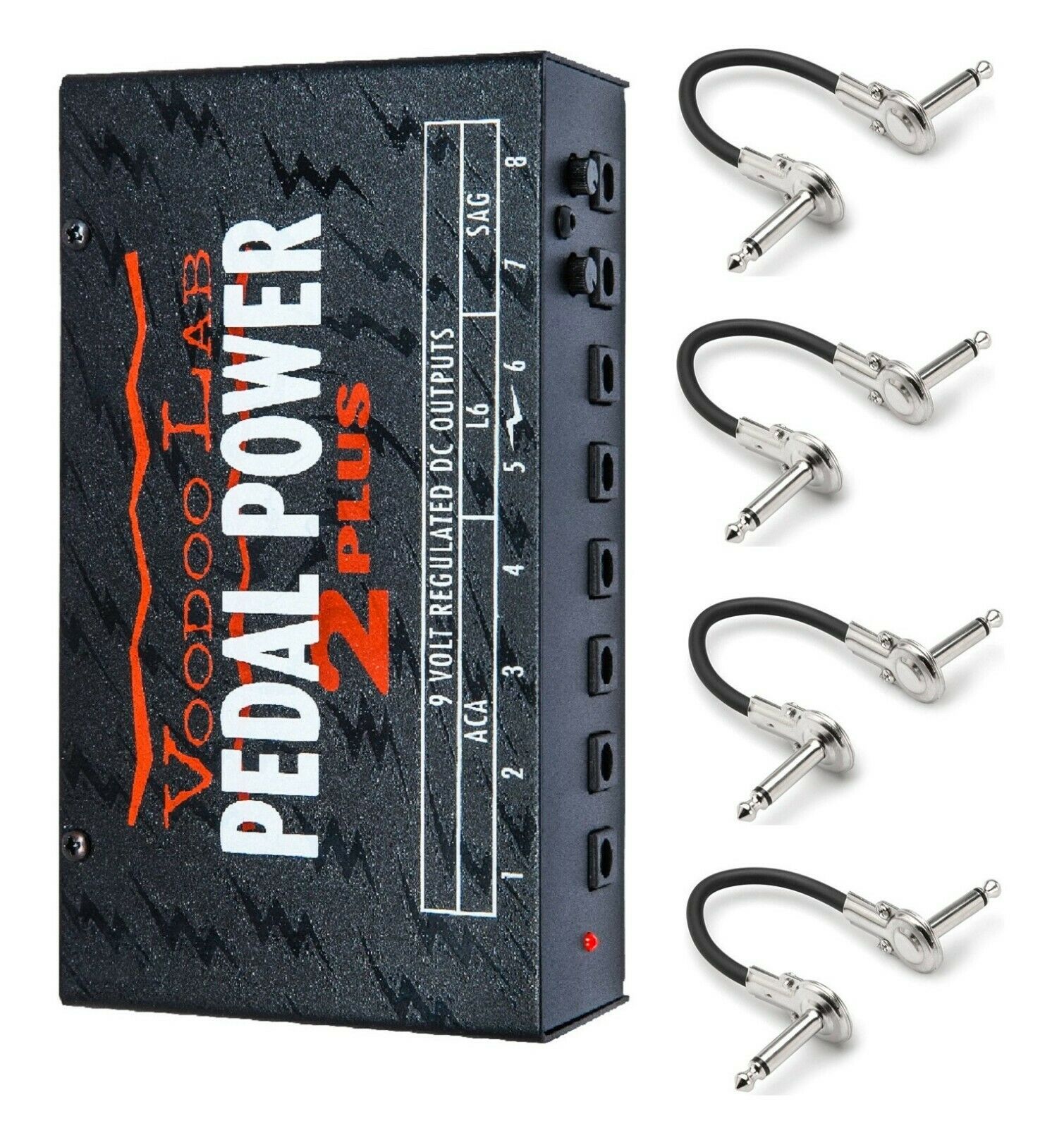 Voodoo Lab Pedal Power 2 Plus isolated power supply - black enclosure shown with four patch cables