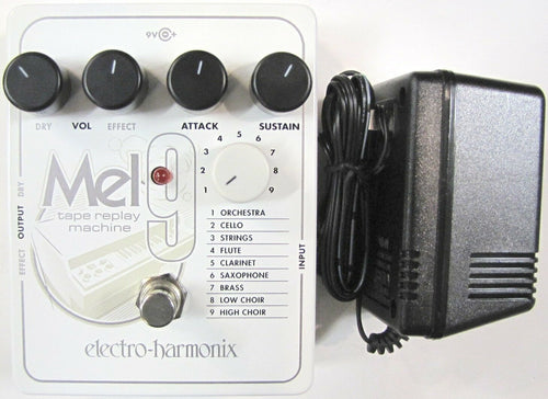 Electro-Harmonix MEL9 Tape Replay Machine pedal — white enclosure with power supply