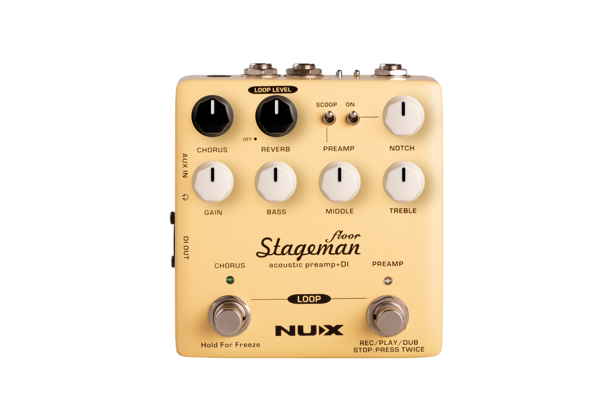 NUX Stageman Floor NAP-5 acoustic preamp DI pedal — cream gold enclosure, top view