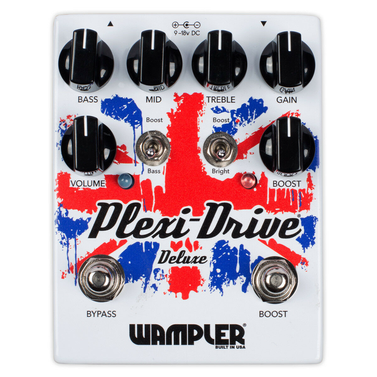 Wampler Plexi-Drive Deluxe overdrive guitar effects pedal, white Union Jack graphic enclosure, 3-band EQ and boost controls